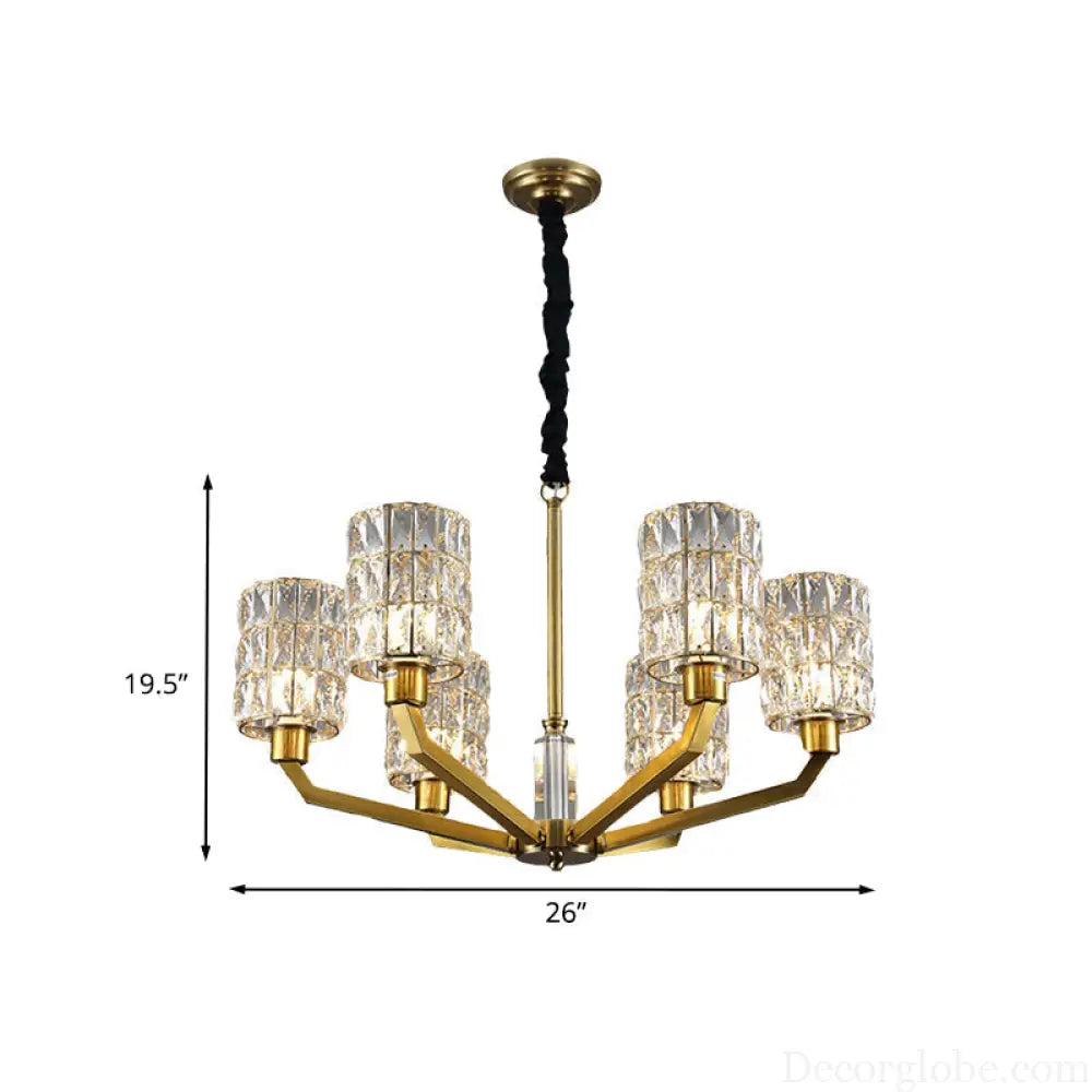 Gold Pendant Chandelier with Crystal Cylinder Shade - Modern Bedroom Lighting Fixture (6 Heads) Gold
