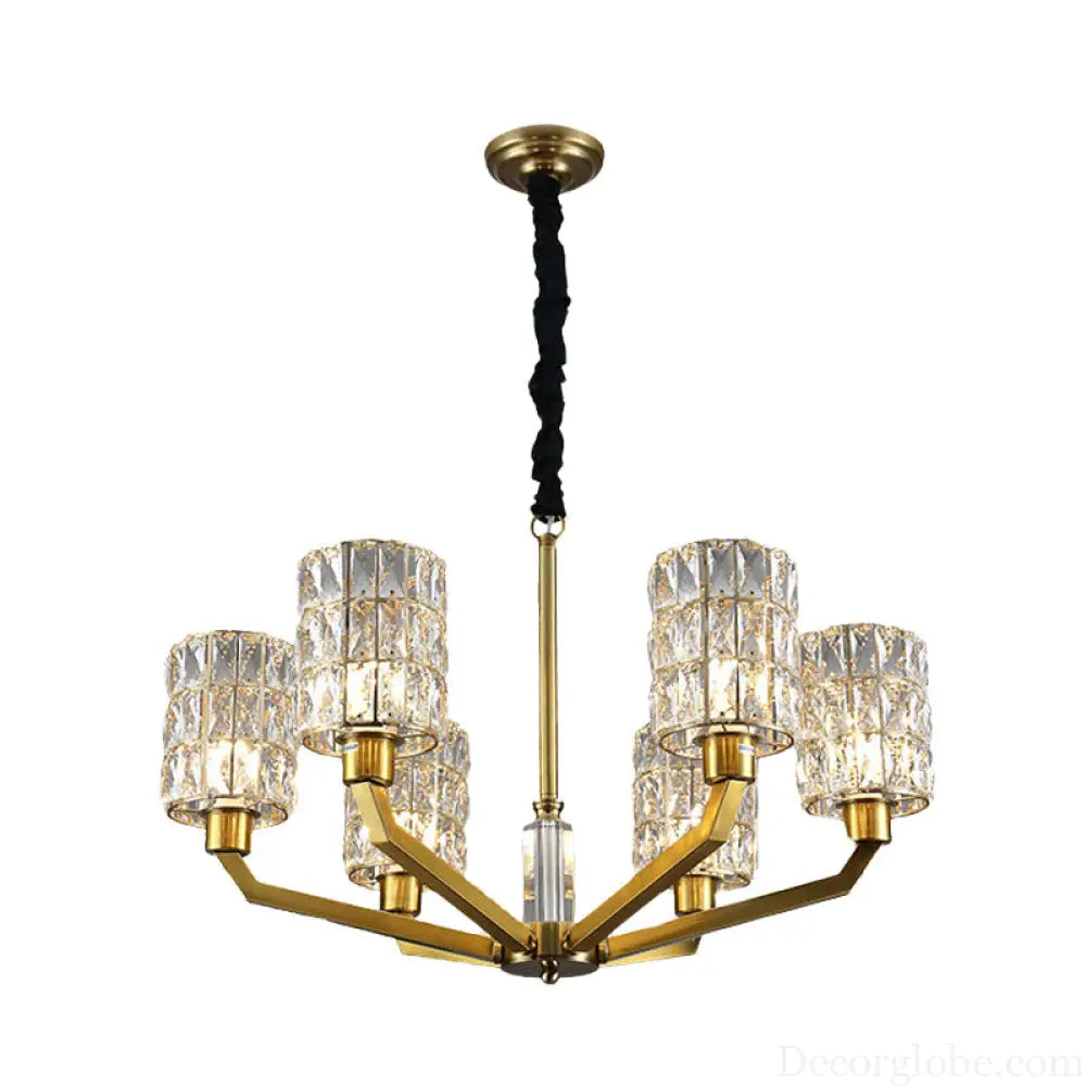 Gold Pendant Chandelier with Crystal Cylinder Shade - Modern Bedroom Lighting Fixture (6 Heads) Gold