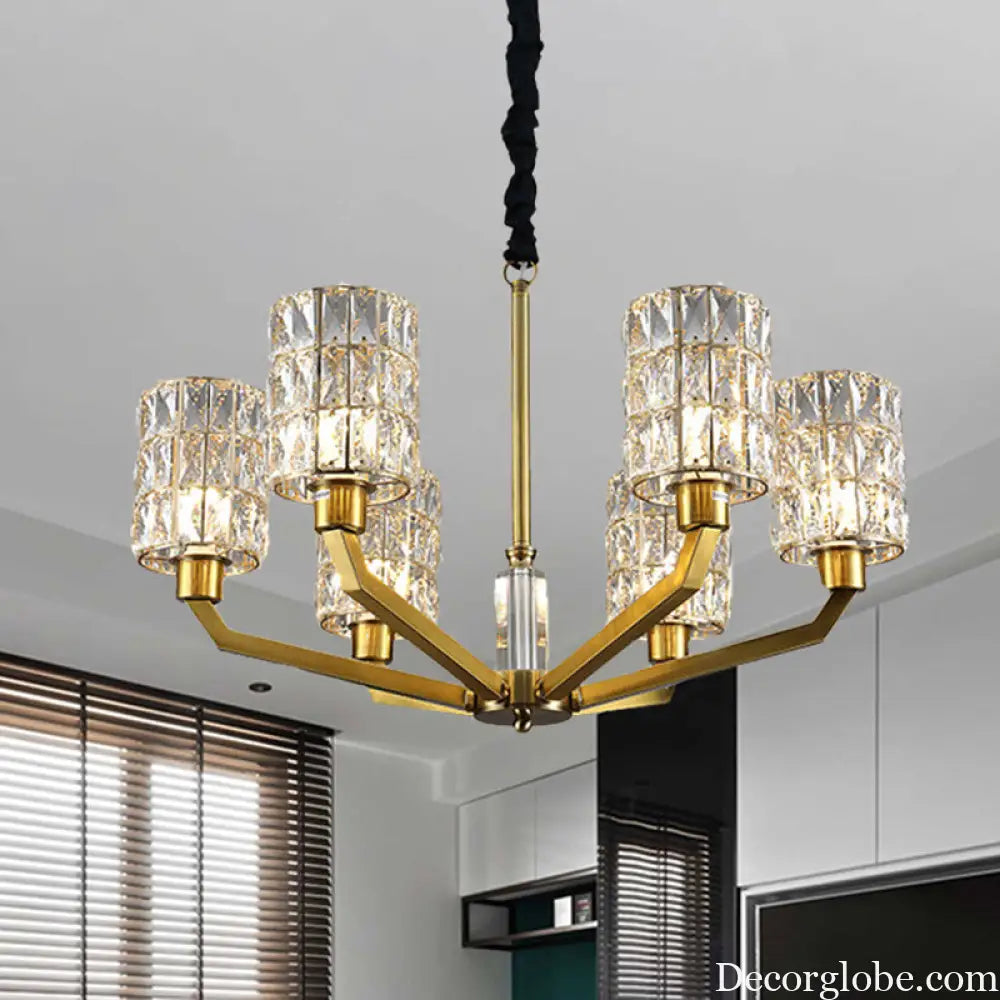 Gold Pendant Chandelier with Crystal Cylinder Shade - Modern Bedroom Lighting Fixture (6 Heads) Gold