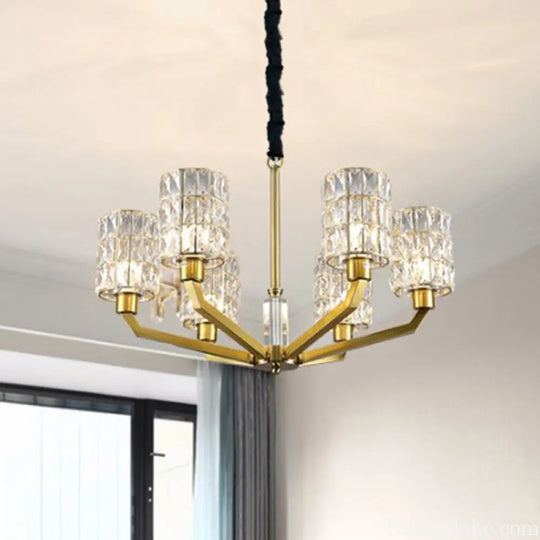 Gold Pendant Chandelier with Crystal Cylinder Shade - Modern Bedroom Lighting Fixture (6 Heads) Gold
