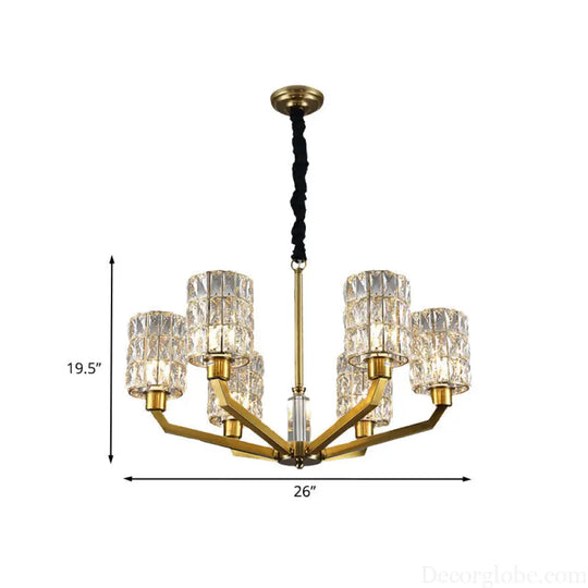 Gold Pendant Chandelier with Crystal Cylinder Shade - Modern Bedroom Lighting Fixture (6 Heads) Gold