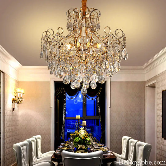 Gold Industrial Geometric Chandelier with Crystal Teardrop Shade - 5/6/8 Bulb Pendant Light