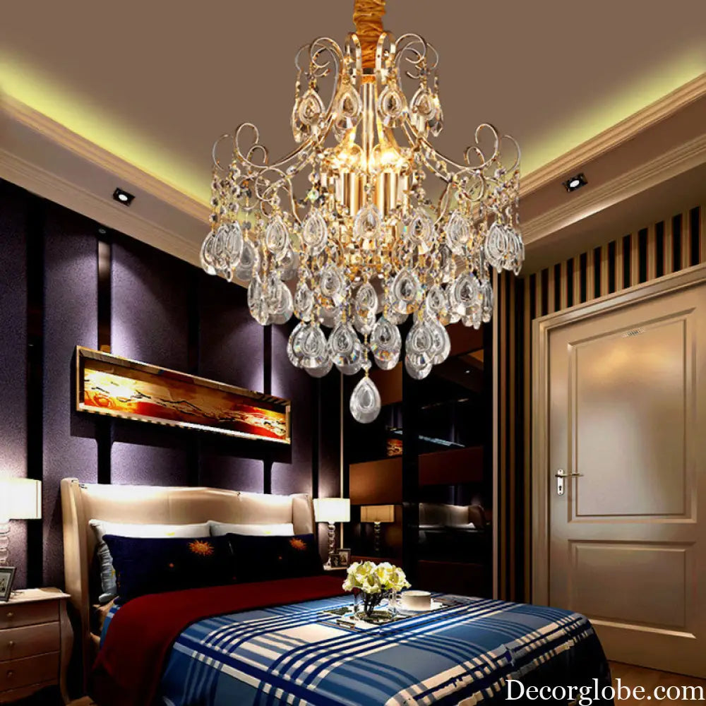 Gold Industrial Geometric Chandelier with Crystal Teardrop Shade - 5/6/8 Bulb Pendant Light