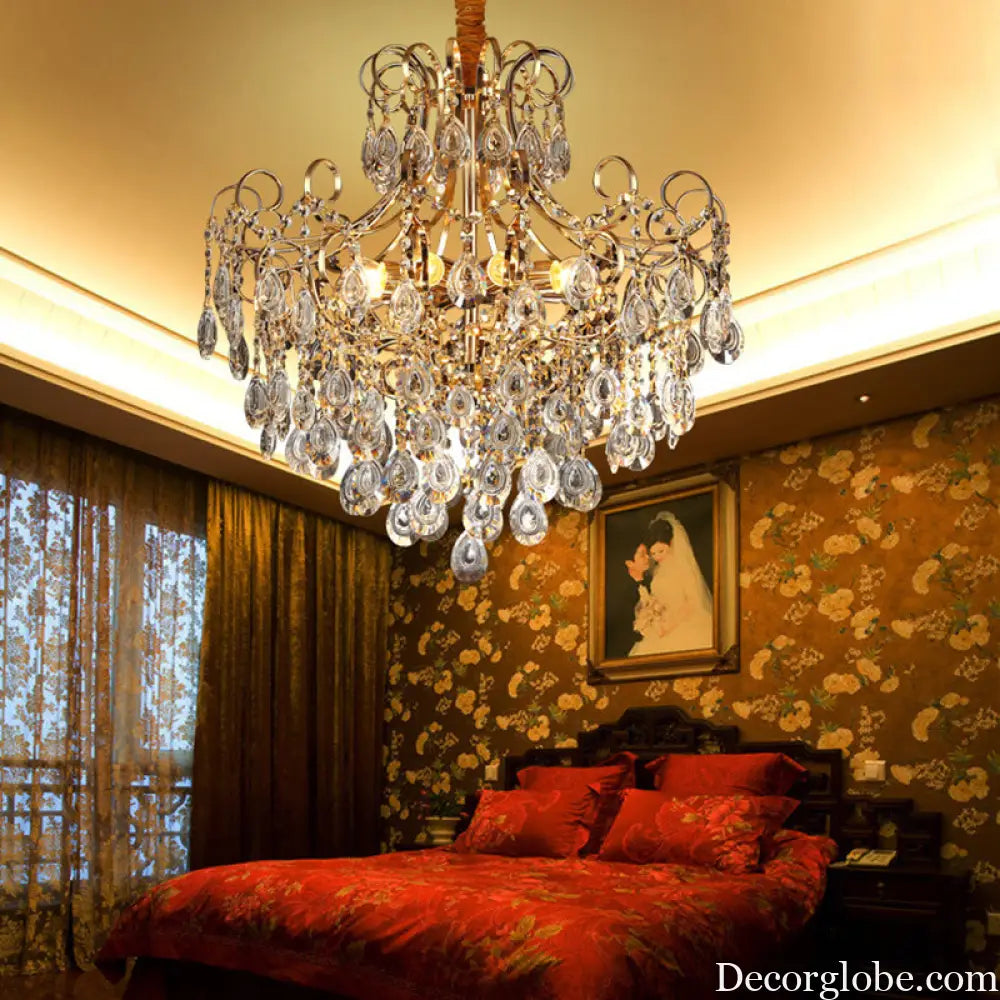 Gold Industrial Geometric Chandelier with Crystal Teardrop Shade - 5/6/8 Bulb Pendant Light