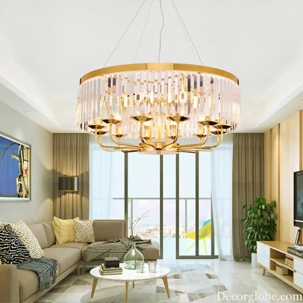 Modern Gold Round Chandelier with Rectangular-Cut Crystal Ceiling Light - 6/8/12 Lights 18’’/31.5’’ Wide