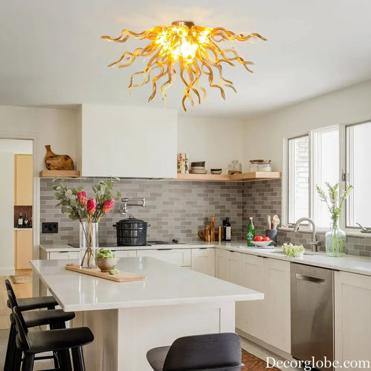 Longree Modern Amber Hand Blown Glass Chandelier Flush Mount Ceiling Light Art Glass Lamp for Living Room Dining Room