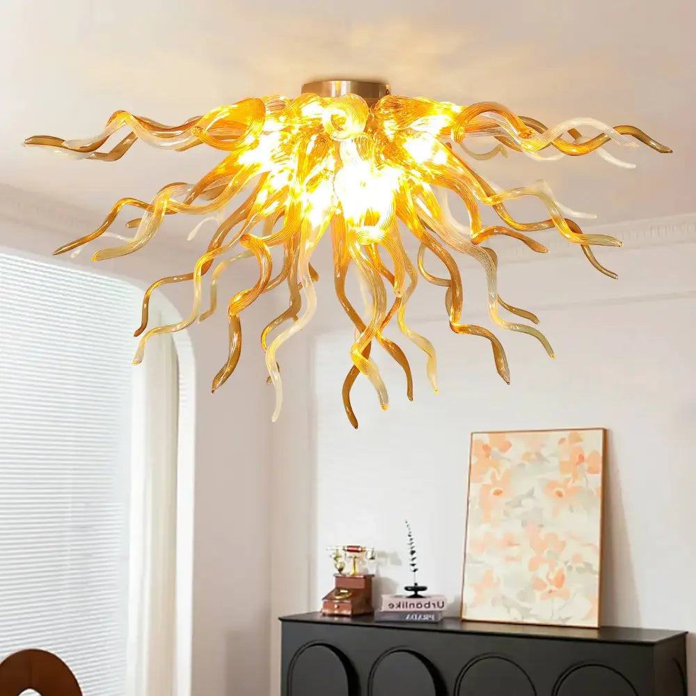 Longree Modern Amber Hand Blown Glass Chandelier Flush Mount Ceiling Light Art Glass Lamp for Living Room Dining Room