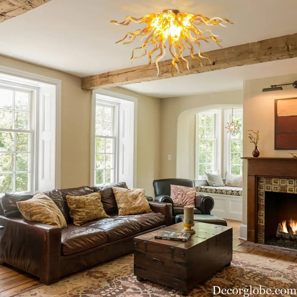 Longree Modern Amber Hand Blown Glass Chandelier Flush Mount Ceiling Light Art Glass Lamp for Living Room Dining Room