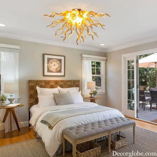 Longree Modern Amber Hand Blown Glass Chandelier Flush Mount Ceiling Light Art Glass Lamp for Living Room Dining Room
