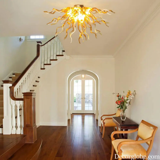Longree Modern Amber Hand Blown Glass Chandelier Flush Mount Ceiling Light Art Glass Lamp for Living Room Dining Room