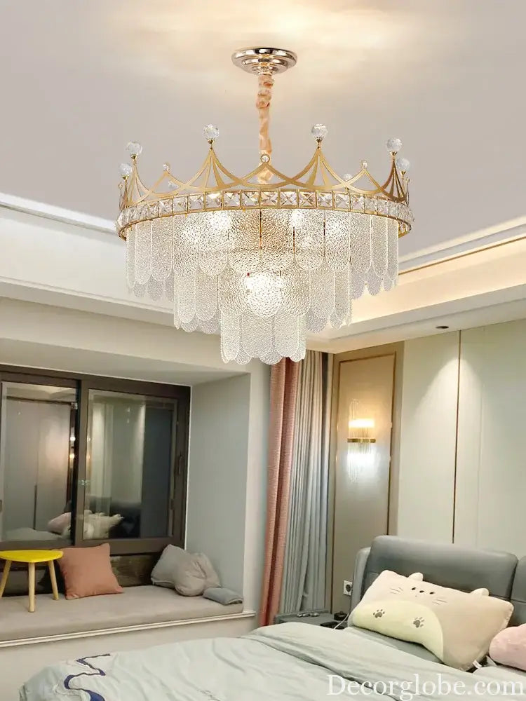 Elegant Modern Minimalist Crown K9 Crystal Chandelier - A Round Golden Fixture for Living Rooms and Bedrooms - DecorGlobe