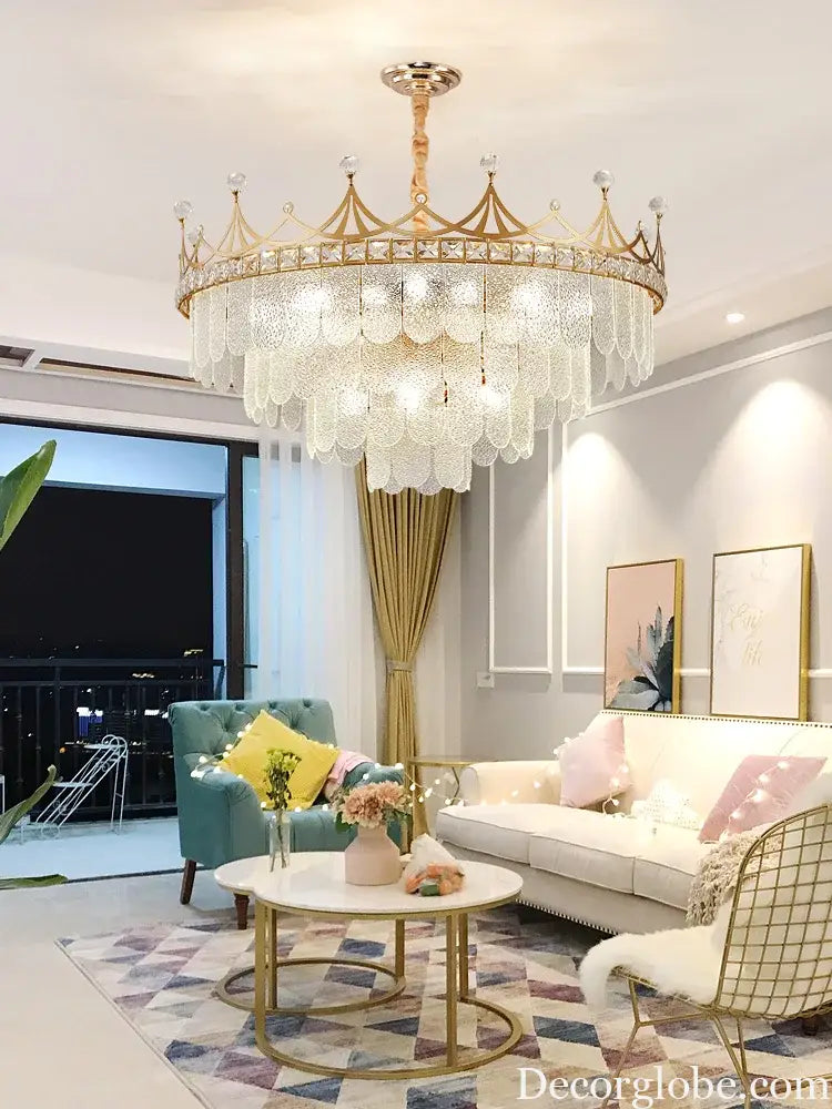 Elegant Modern Minimalist Crown K9 Crystal Chandelier - A Round Golden Fixture for Living Rooms and Bedrooms - DecorGlobe