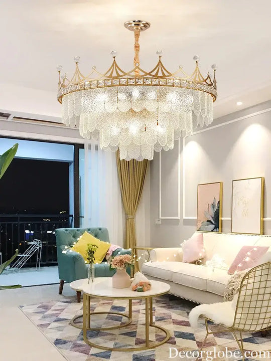 Elegant Modern Minimalist Crown K9 Crystal Chandelier - A Round Golden Fixture for Living Rooms and Bedrooms - DecorGlobe