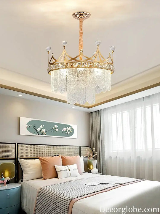 Elegant Modern Minimalist Crown K9 Crystal Chandelier - A Round Golden Fixture for Living Rooms and Bedrooms - DecorGlobe