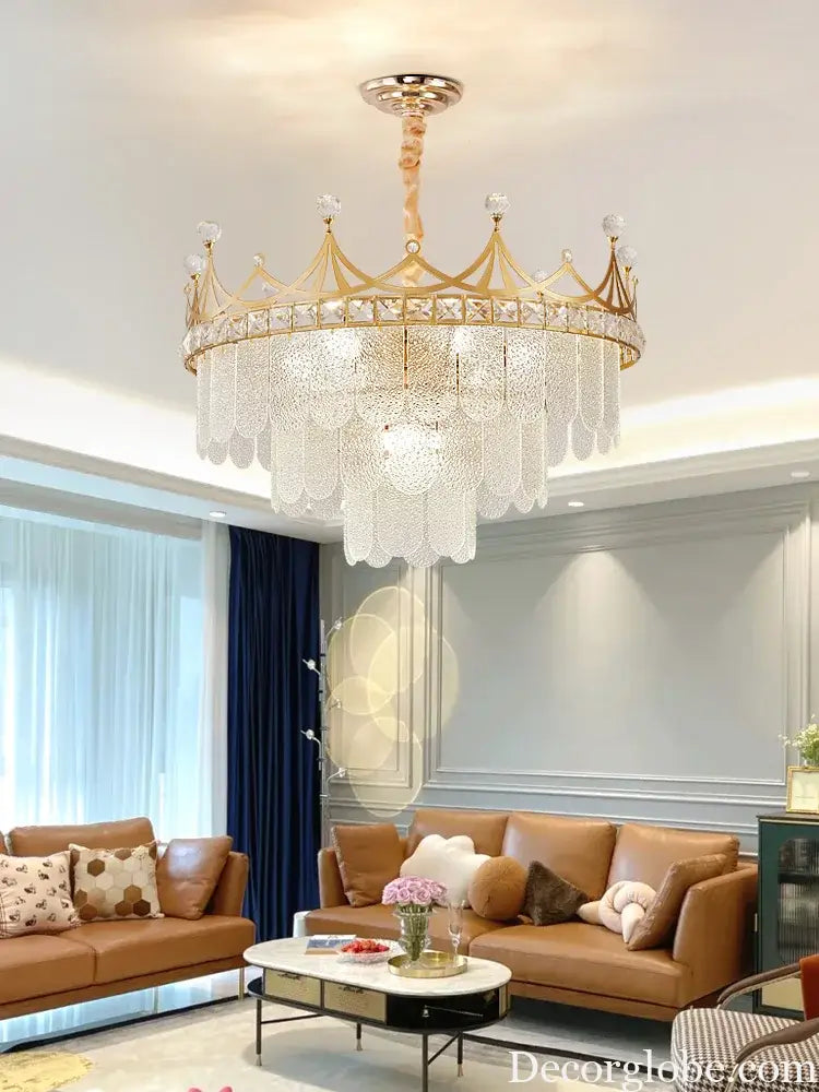 Elegant Modern Minimalist Crown K9 Crystal Chandelier - A Round Golden Fixture for Living Rooms and Bedrooms - DecorGlobe