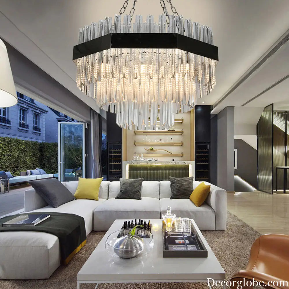 Modern Layered Chandelier Pendant Light with Crystal Bevels - 10 Bulbs in Silver Silver