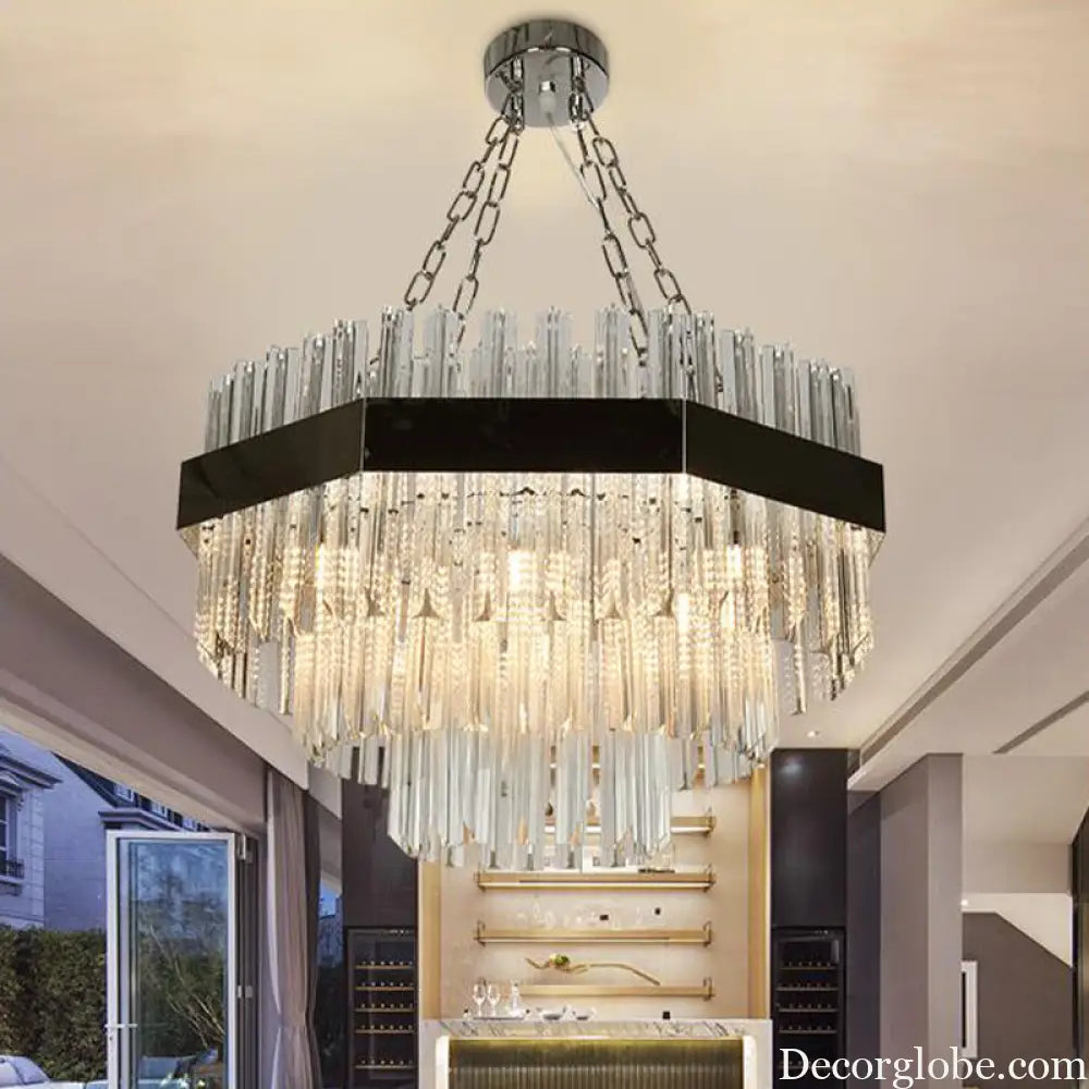 Modern Layered Chandelier Pendant Light with Crystal Bevels - 10 Bulbs in Silver Silver