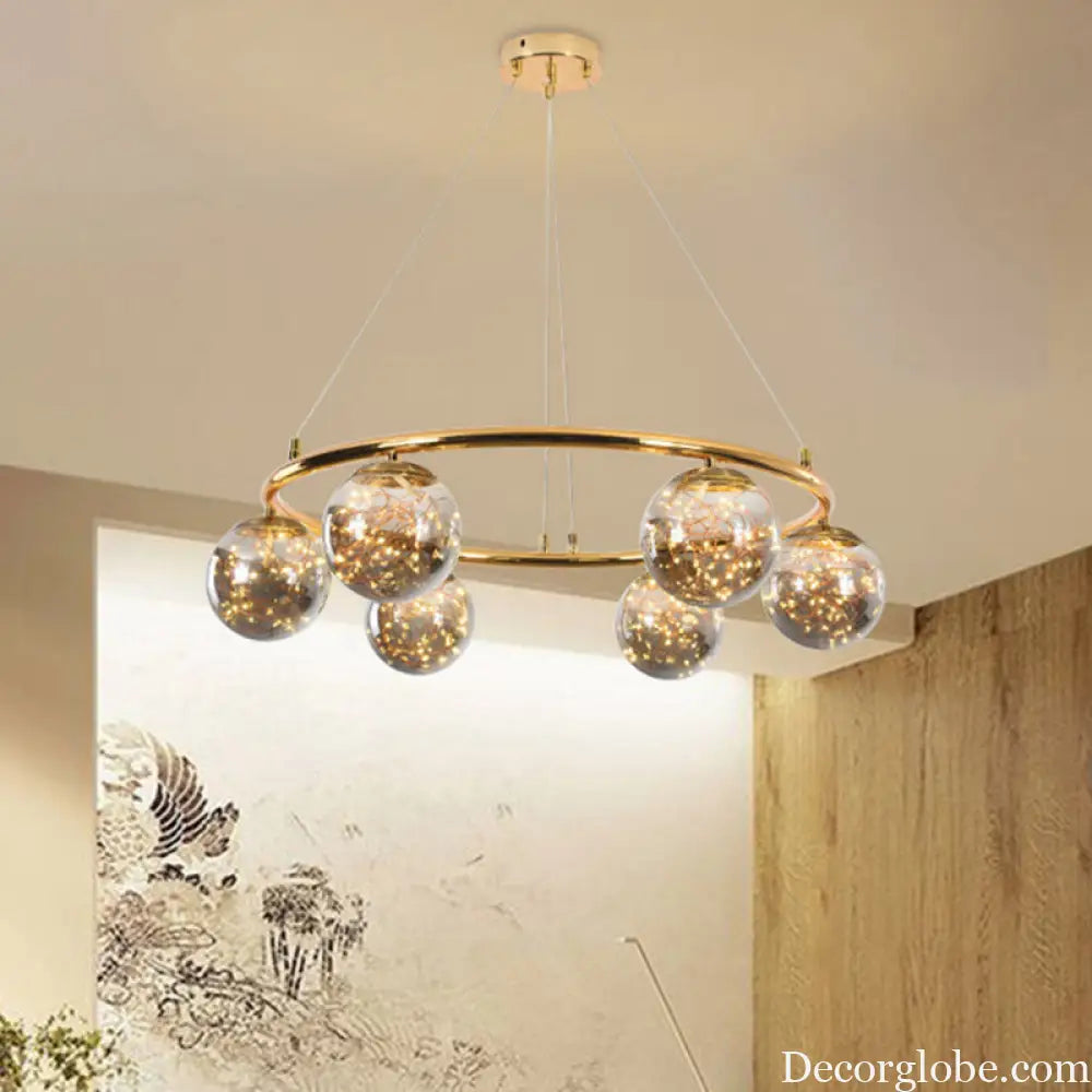 Modernist Smoke Gray Glass Ball Chandelier - 6 Head Brass Ring Pendant Light with Unique Glowworm Design Smoke Gray