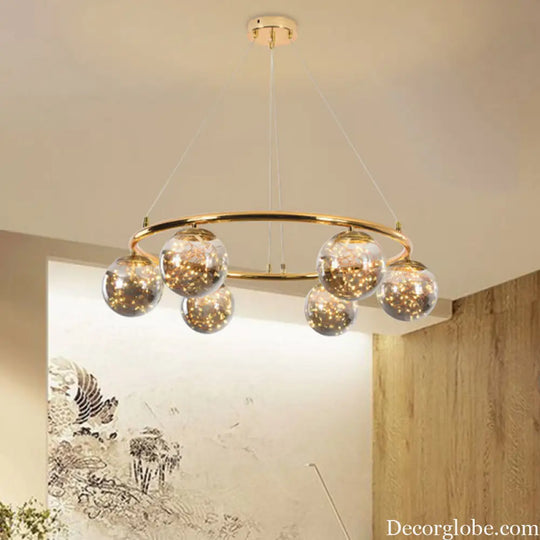 Modernist Smoke Gray Glass Ball Chandelier - 6 Head Brass Ring Pendant Light with Unique Glowworm Design Smoke Gray