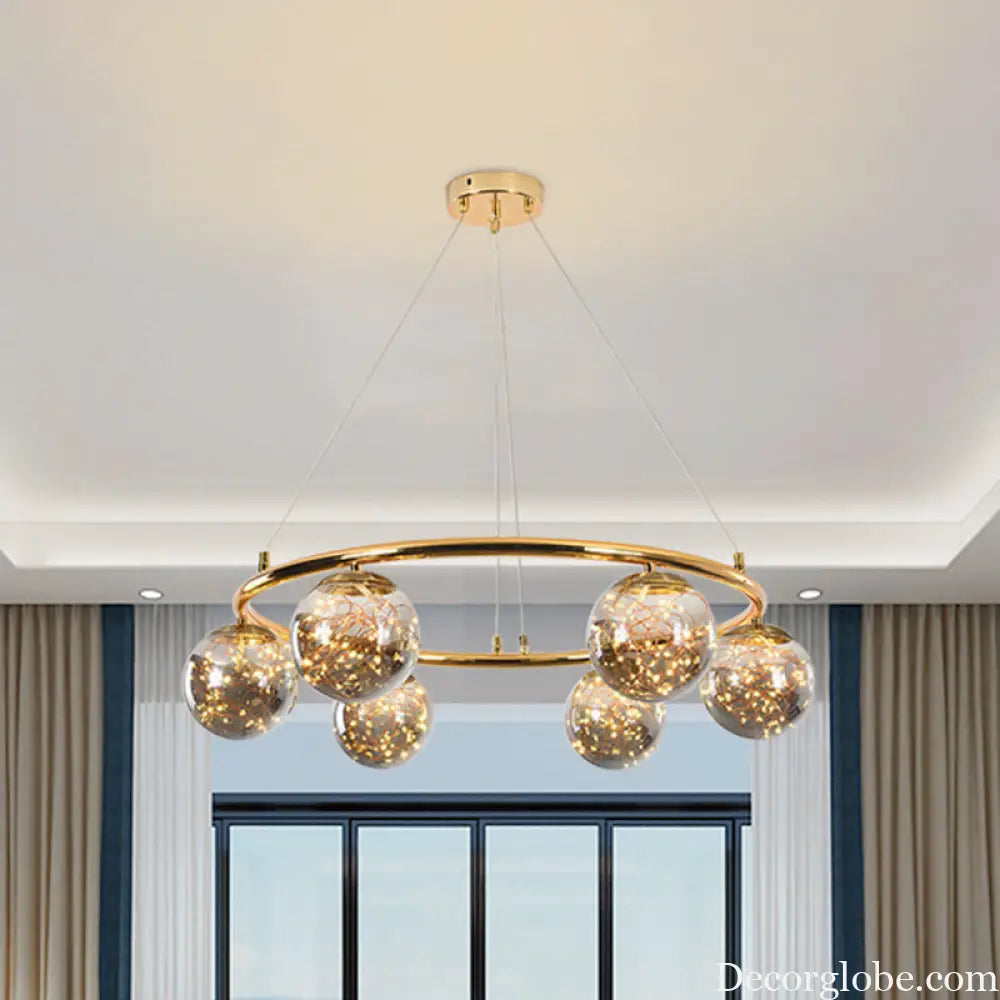 Modernist Smoke Gray Glass Ball Chandelier - 6 Head Brass Ring Pendant Light with Unique Glowworm Design Smoke Gray