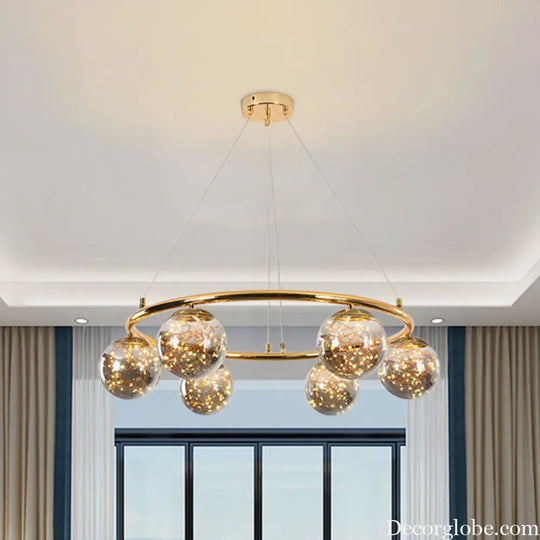 Modernist Smoke Gray Glass Ball Chandelier - 6 Head Brass Ring Pendant Light with Unique Glowworm Design Smoke Gray
