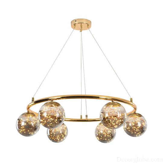 Modernist Smoke Gray Glass Ball Chandelier - 6 Head Brass Ring Pendant Light with Unique Glowworm Design Smoke Gray