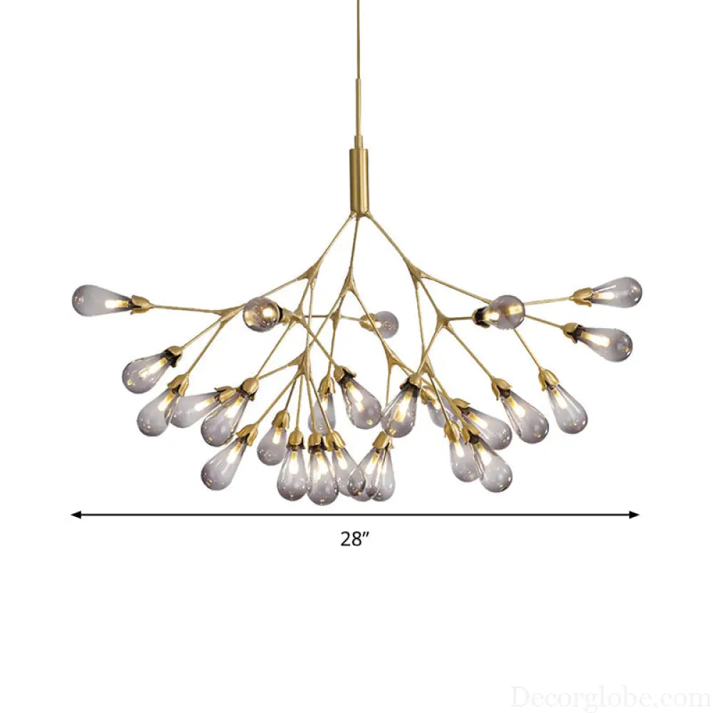 Smoke Gray Glass Teardrop Chandelier - Contemporary 27-Head Pendant Light for Living Room Ceiling Smoke Gray