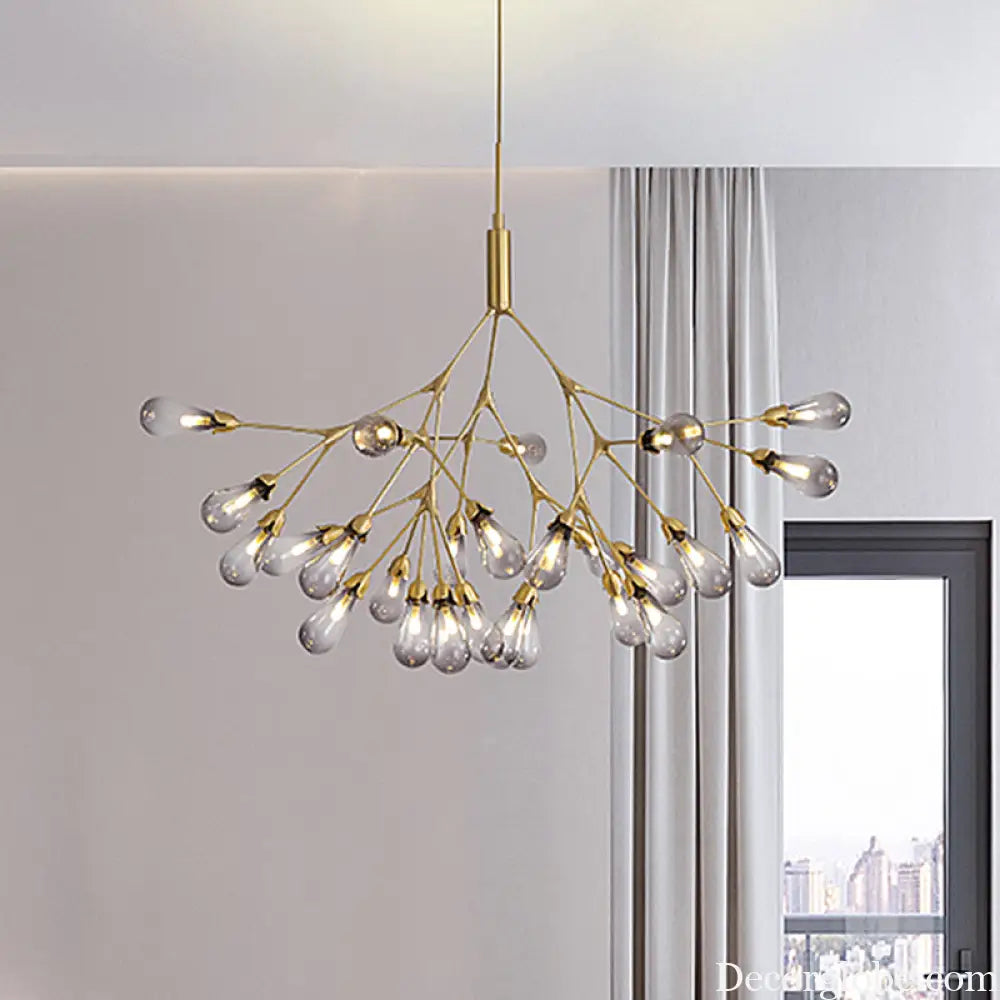 Smoke Gray Glass Teardrop Chandelier - Contemporary 27-Head Pendant Light for Living Room Ceiling Smoke Gray