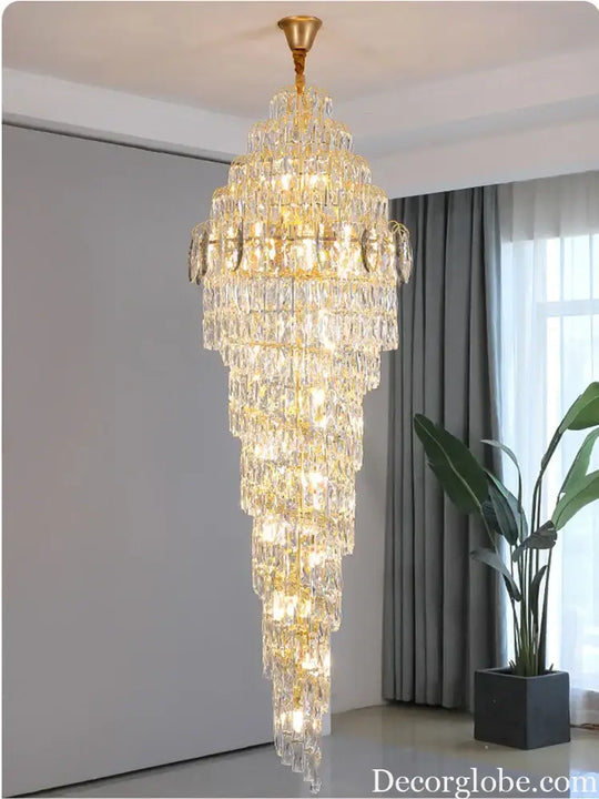Modern Luxury Staircase Chandelier - Golden Elegance with Crystal Accents for Duplex Buildings, High Ceilings, and Decorative Lighting - DecorGlobe
