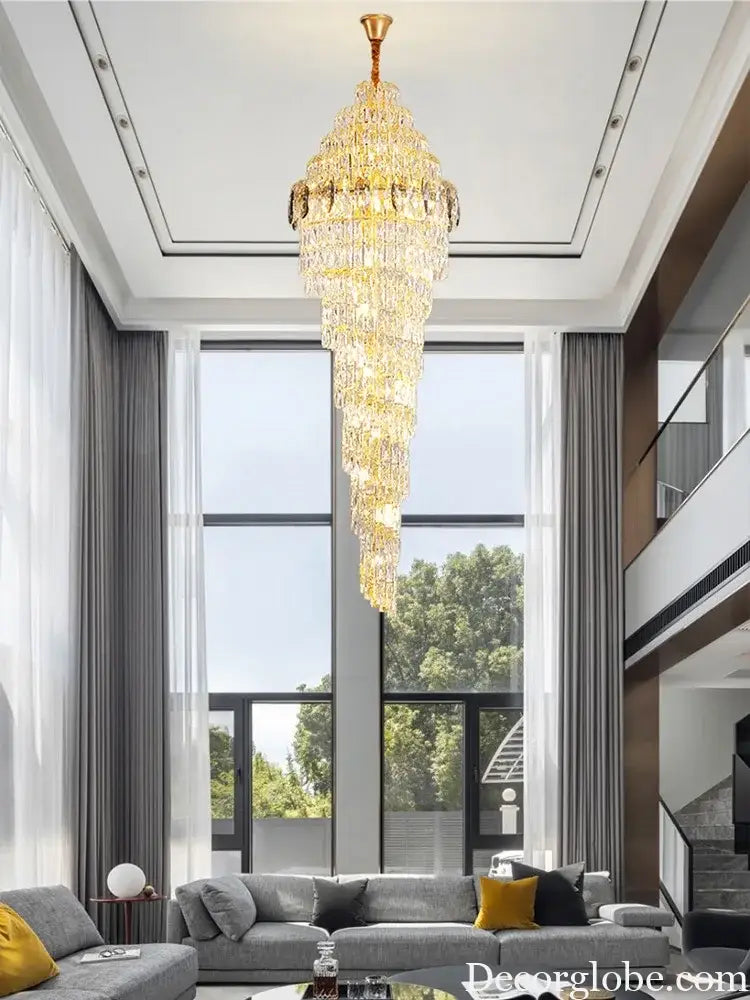 Modern Luxury Staircase Chandelier - Golden Elegance with Crystal Accents for Duplex Buildings, High Ceilings, and Decorative Lighting - DecorGlobe