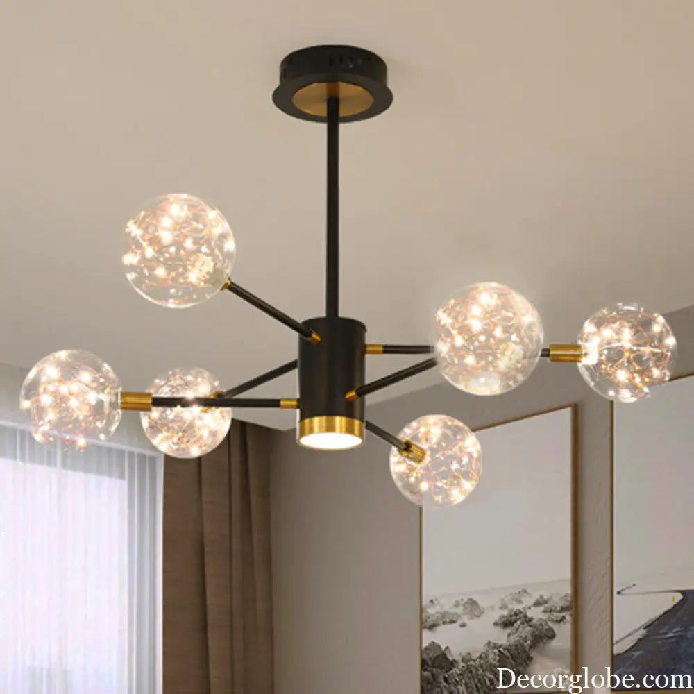 Modern LED Chandelier with Orb Glass Shade - Starburst Hanging Ceiling Light for Living Room