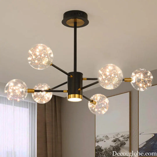 Modern LED Chandelier with Orb Glass Shade - Starburst Hanging Ceiling Light for Living Room
