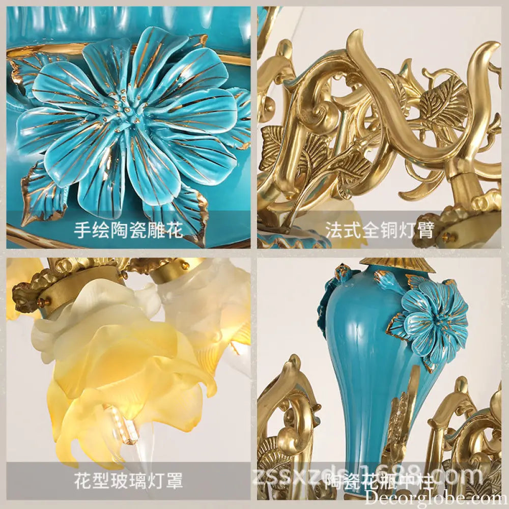 French ceramic chandelier European style villa restaurant copper lamp light luxury retro living room bedroom lamp warm
