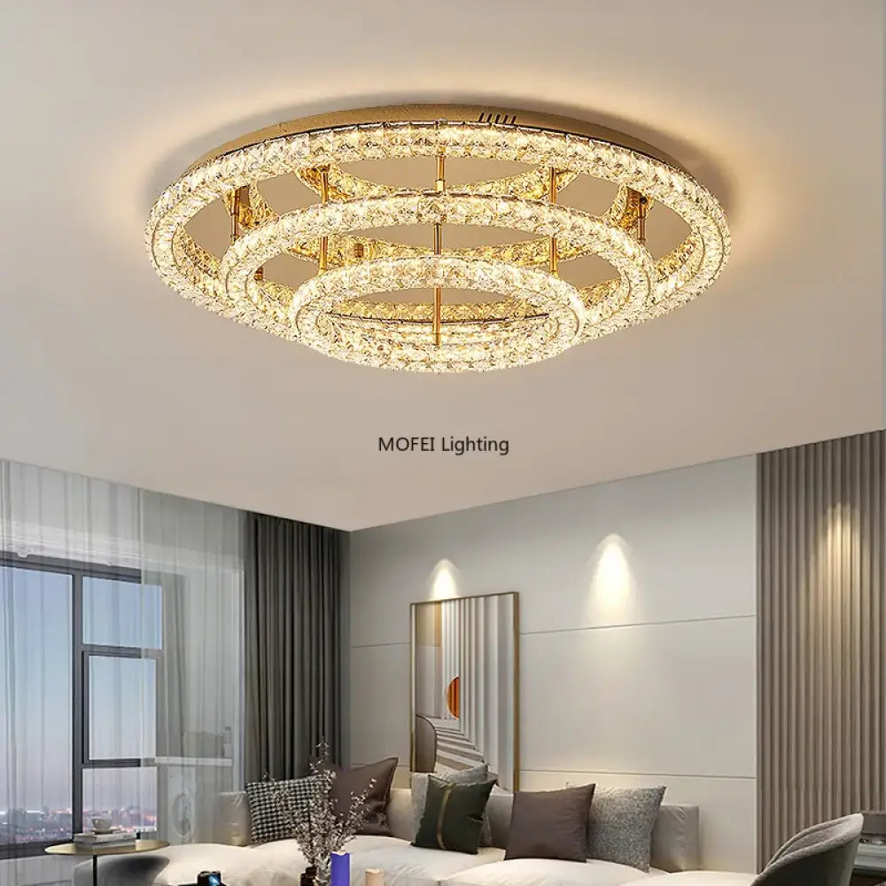 Modern Luxury LED Dimmable Crystal Round Chandelier Stainless Steel Ceiling Light Foyer Indoor Home Decor Lighting