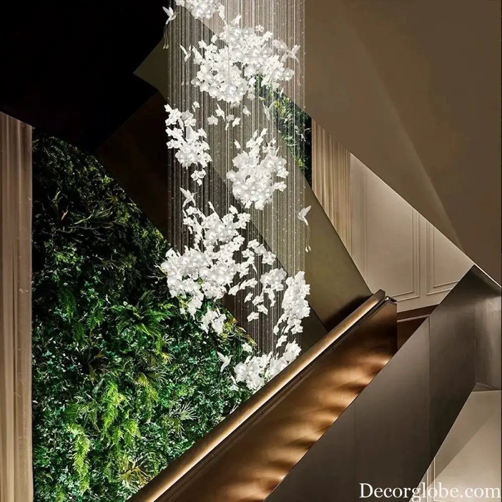 Nordic Ceramic Crystal Chandelier for Bedroom White Flora Booming Bird Long Ceiling Chandelier for Home Stairs