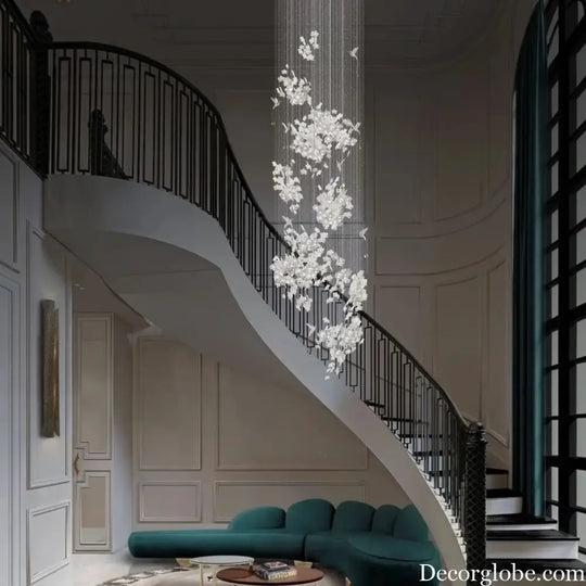 Nordic Ceramic Crystal Chandelier for Bedroom White Flora Booming Bird Long Ceiling Chandelier for Home Stairs