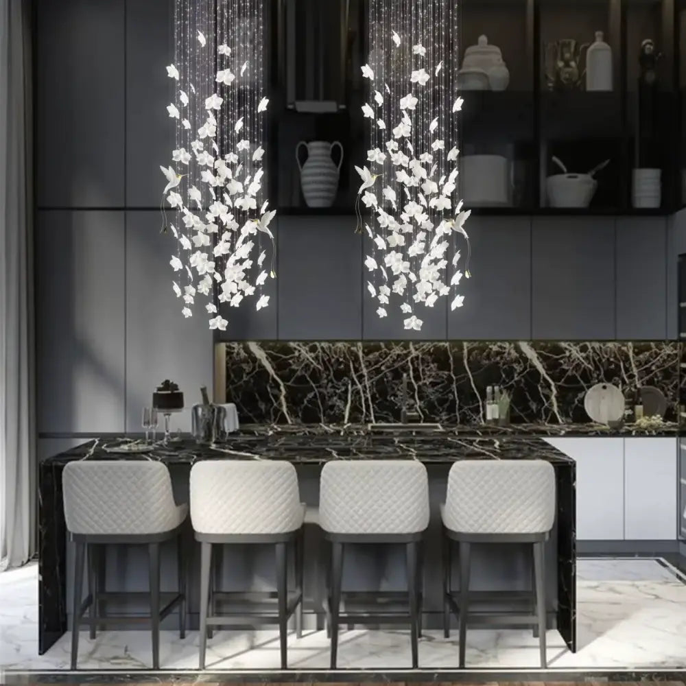 Nordic Ceramic Crystal Chandelier for Bedroom White Flora Booming Bird Long Ceiling Chandelier for Home Stairs
