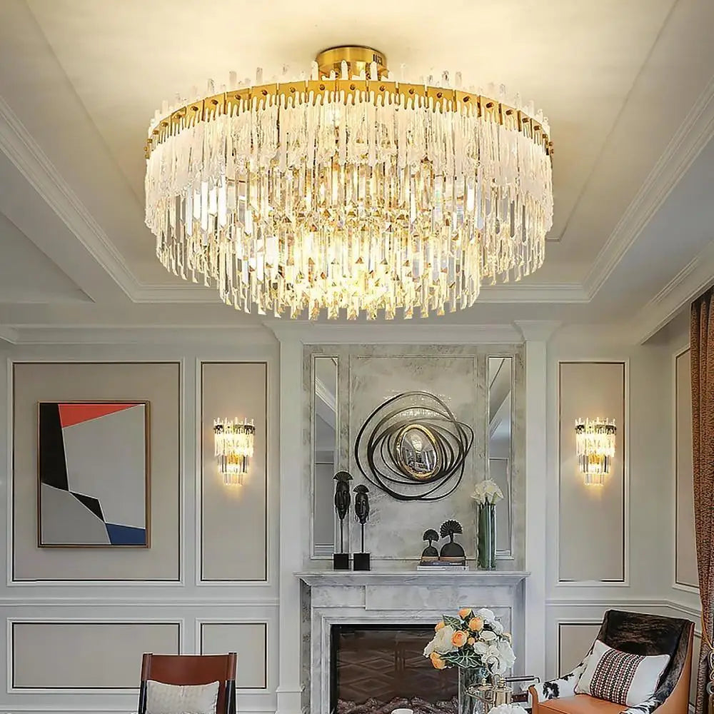 Nordic Style Round Gold Crystal LED Chandelier – 16’’ Adjustable Cord 24’’ Dia x 16’’ H Lighting > Ceiling lights >