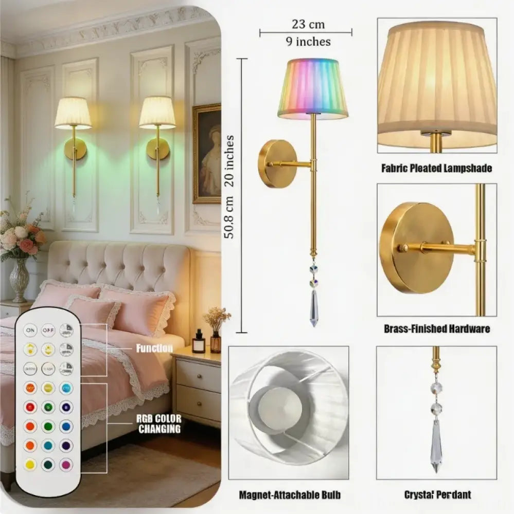 Brass Wall Sconce RGB LED Light Rechargeable 2500mAh Battery Operated with Remote Control Wireless Copper Wall Lamp for