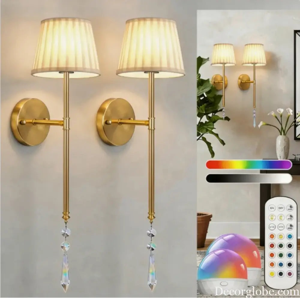 Brass Wall Sconce RGB LED Light Rechargeable 2500mAh Battery Operated with Remote Control Wireless Copper Wall Lamp for