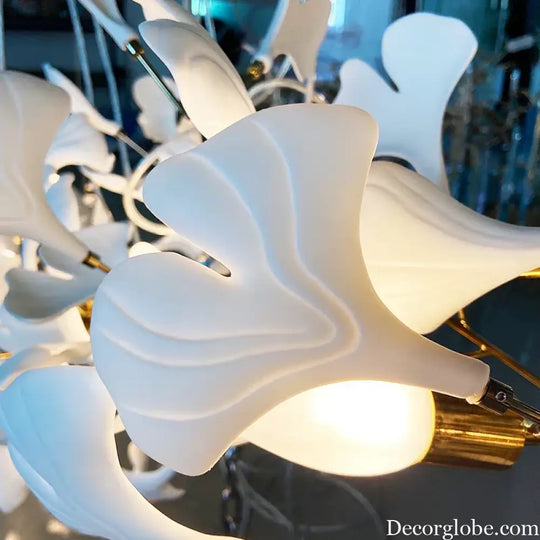 New gold chandelier white ceramic leaf lamp indoor home living room decorative lamp French luxury staircase ceiling lamp - DecorGlobe