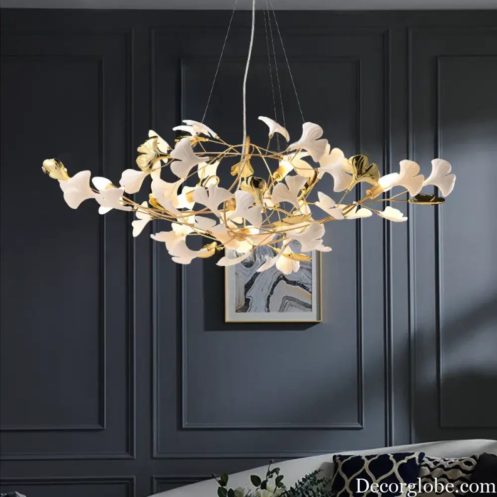 New gold chandelier white ceramic leaf lamp indoor home living room decorative lamp French luxury staircase ceiling lamp - DecorGlobe