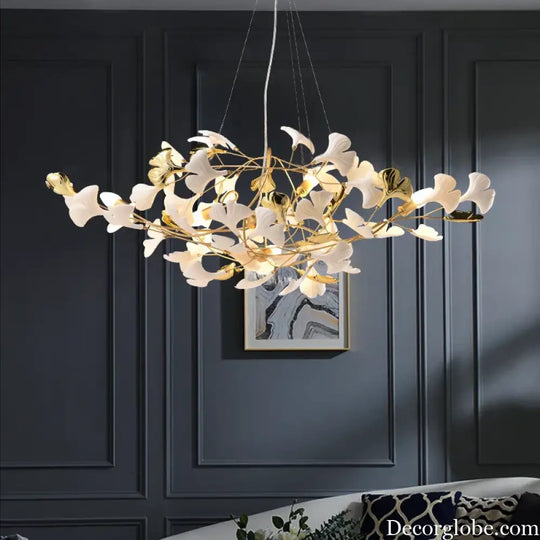 New gold chandelier white ceramic leaf lamp indoor home living room decorative lamp French luxury staircase ceiling lamp - DecorGlobe