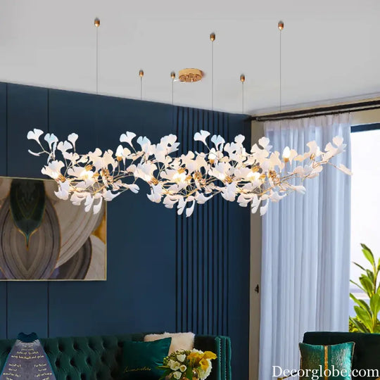 New gold chandelier white ceramic leaf lamp indoor home living room decorative lamp French luxury staircase ceiling lamp - DecorGlobe