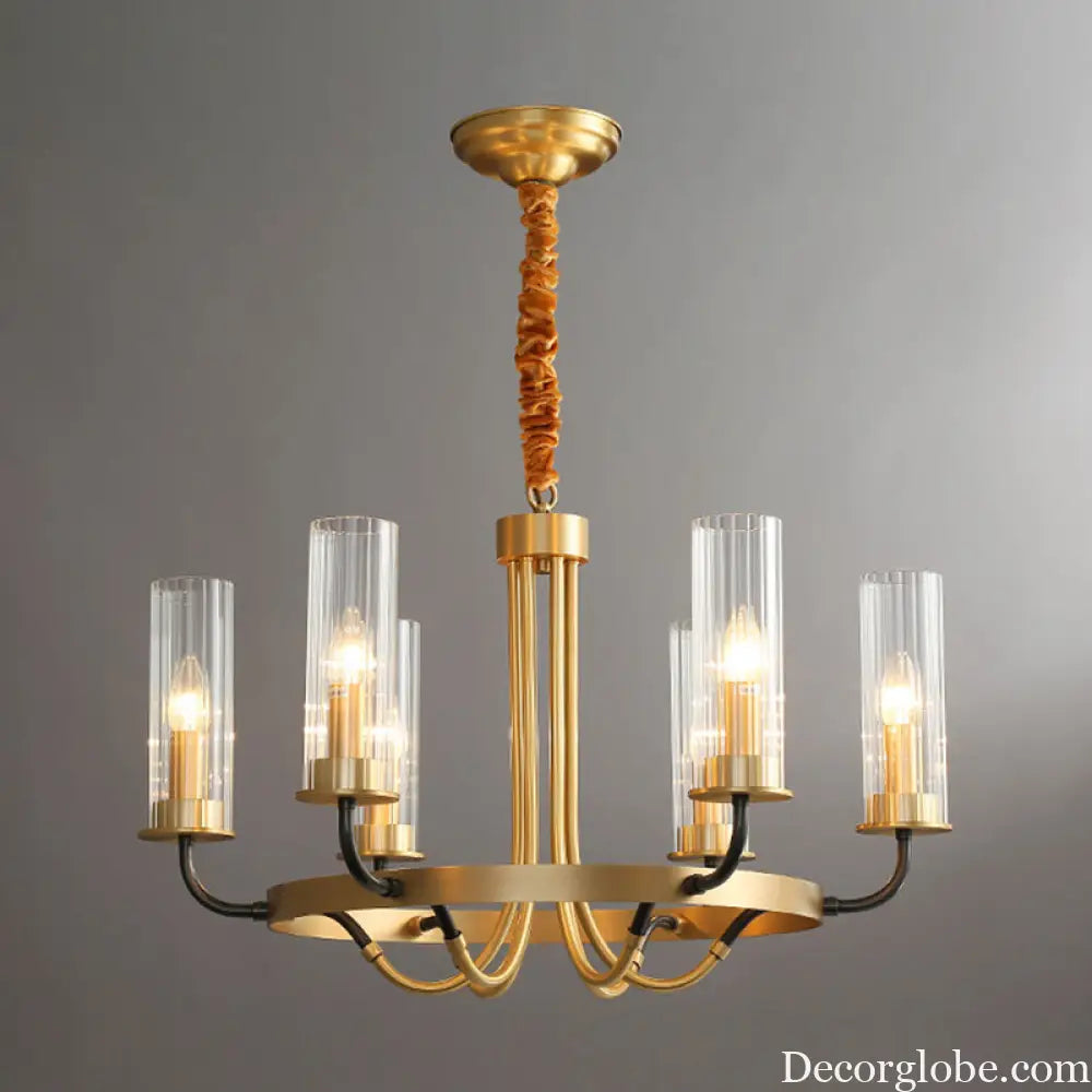 Postmodern Black/Gold Tube Up Chandelier - 6/8 Lights Clear Ribbed Glass Curved Arm