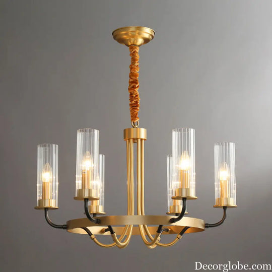 Postmodern Black/Gold Tube Up Chandelier - 6/8 Lights Clear Ribbed Glass Curved Arm