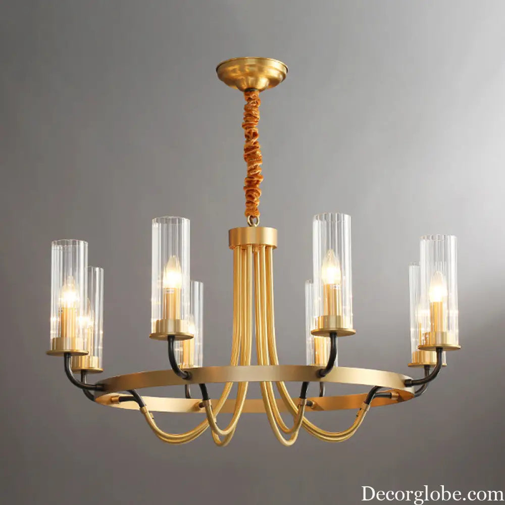 Postmodern Black/Gold Tube Up Chandelier - 6/8 Lights Clear Ribbed Glass Curved Arm