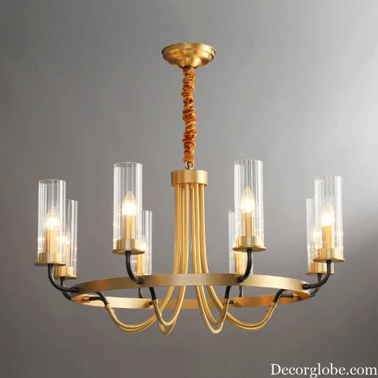 Postmodern Black/Gold Tube Up Chandelier - 6/8 Lights Clear Ribbed Glass Curved Arm
