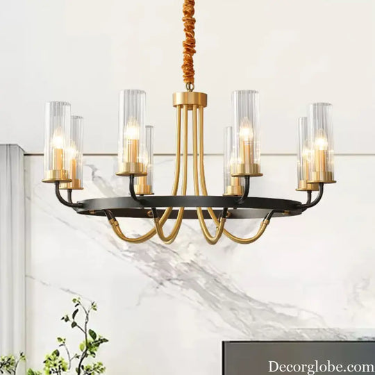 Postmodern Black/Gold Tube Up Chandelier - 6/8 Lights Clear Ribbed Glass Curved Arm