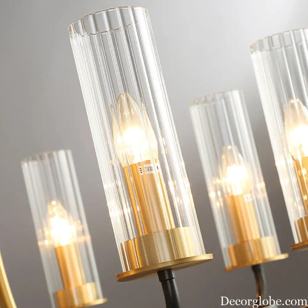 Postmodern Black/Gold Tube Up Chandelier - 6/8 Lights Clear Ribbed Glass Curved Arm